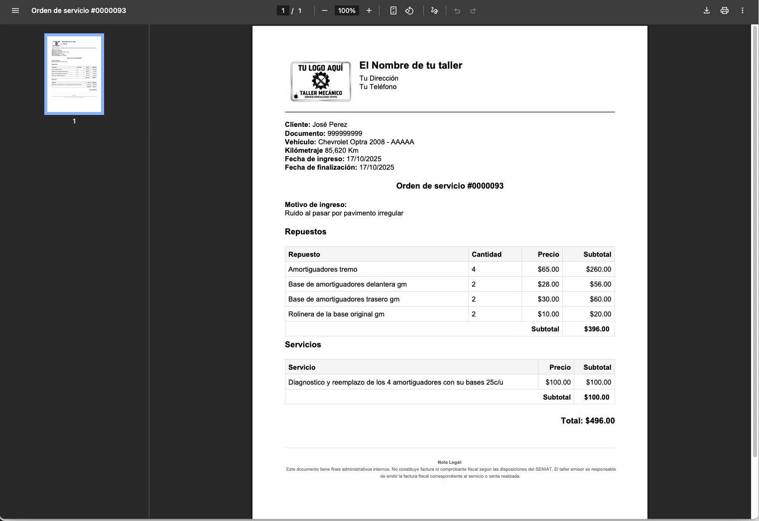 Vista previa de orden de trabajo - TallERP